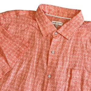 Peter Millar Mens XL Coral 100% Linen Short Sleeve Button Down Shirt Geometric